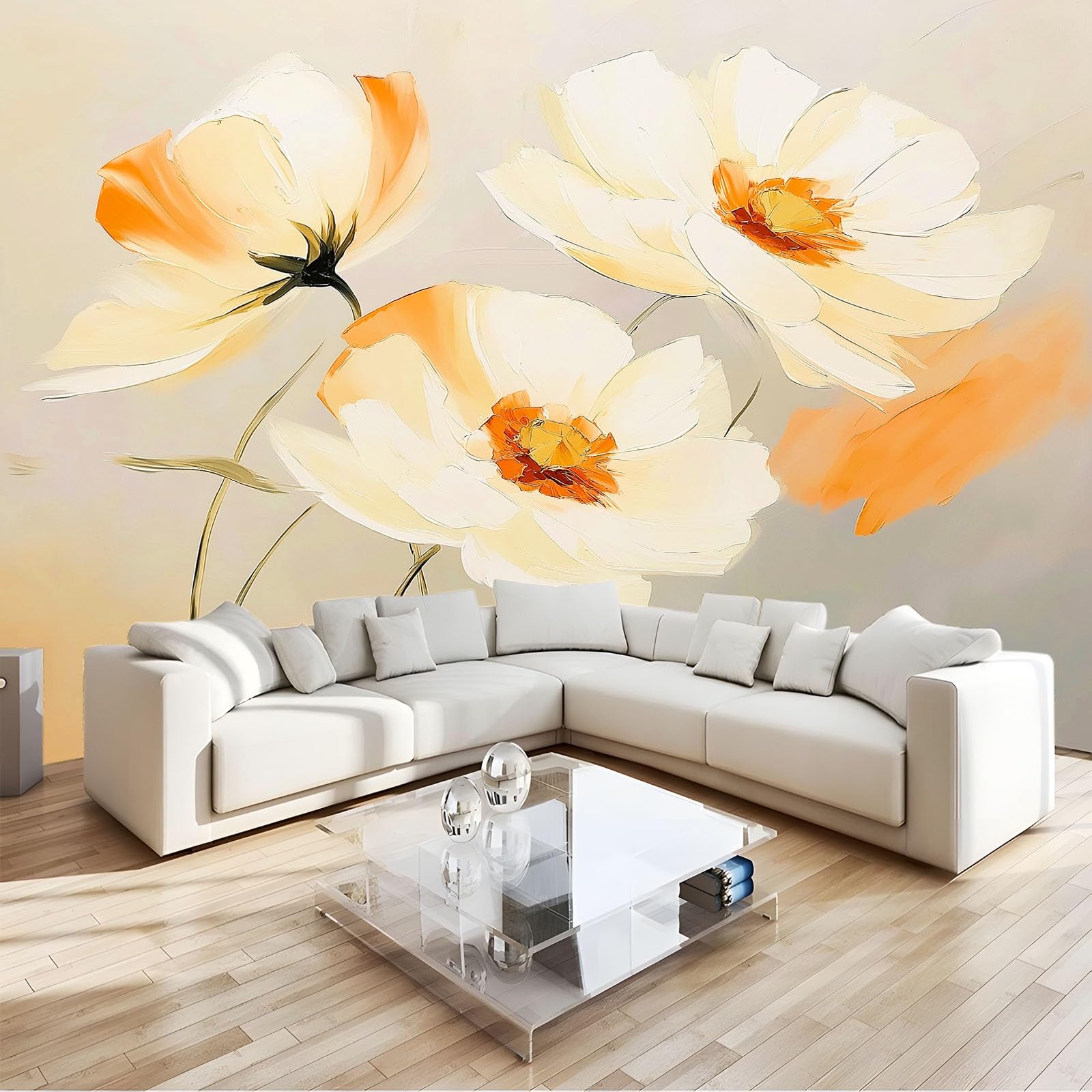 350 x 256 cm tapeta ścienna Impresjonizm kwiaty pomarańczy, beżowa sztuka i dekoracja ścienna do salonu, tapeta panoramiczna z włókniny,