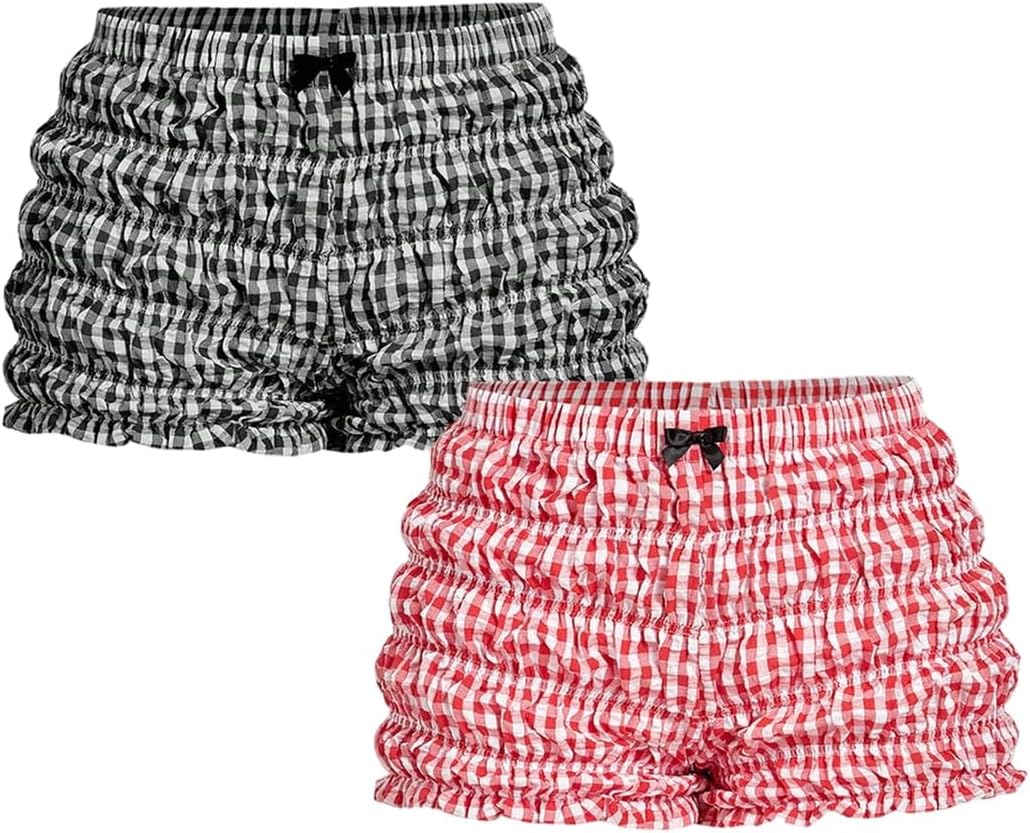 SOLY HUX Women's 2 Pack Plaid Gingham Ruffle Elastic Micro Bloomer Shorts