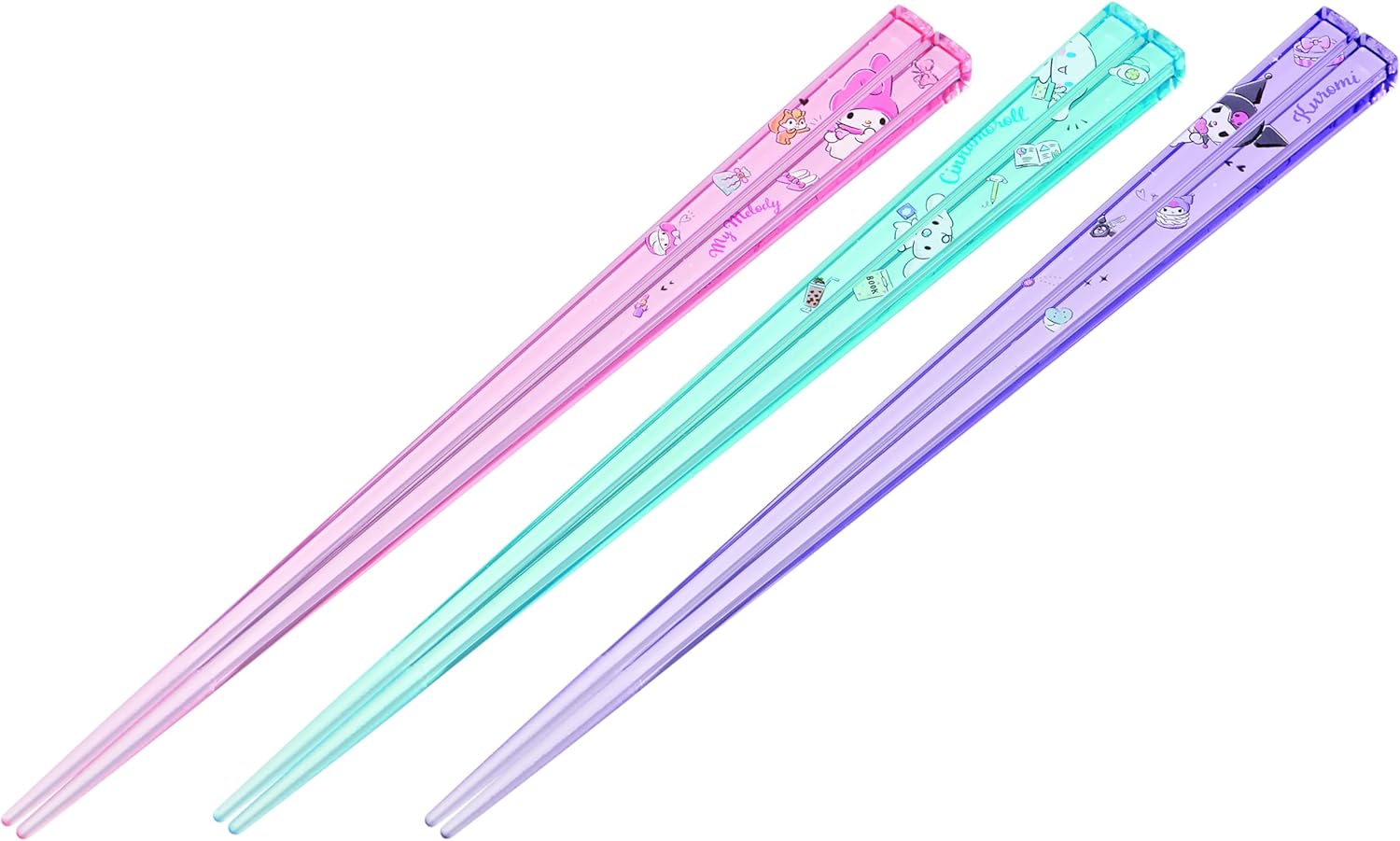 Skater Acrylic Chopstick Set, 3-Piece – Sanrio Characters Kuromi, My Melody & Cinnamoroll – Durable, Lightweight, and Adorable Design