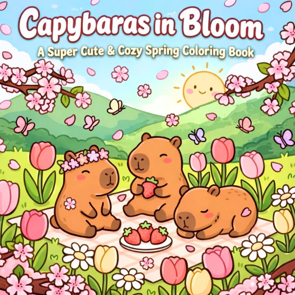 Capybaras in Bloom | A Super Cute & Cozy Spring Coloring Book: Kawaii Flower Coloring Book with Adorable Capybaras, Blossom Scenes & Relaxing Happy Animals