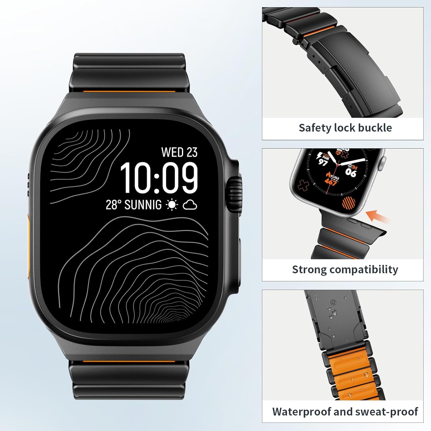 Stainless Steel Silicone Strap Compatible with Apple Watch Ultra 3/2/1 Band 49mm/46mm/45mm/44mm/42mm Luxury Niche Waterproof Replacement Strap for Men Women iWatch Series11/10/9/8/7/6/5/4 Black-Orange