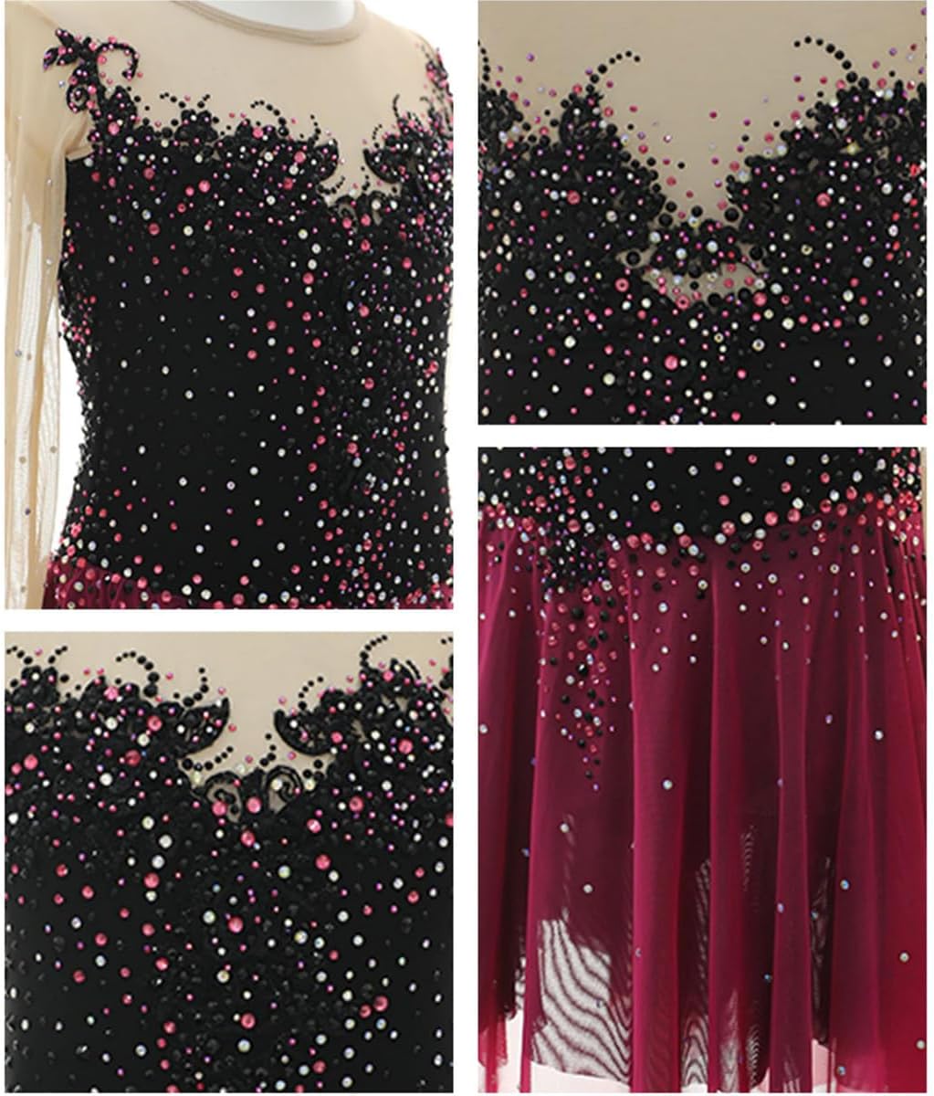 Women's Adult Figure Ice Skating Dress Rhinestone Long Sleeve Mesh Splice Figure Ice Skating Competition Dresses