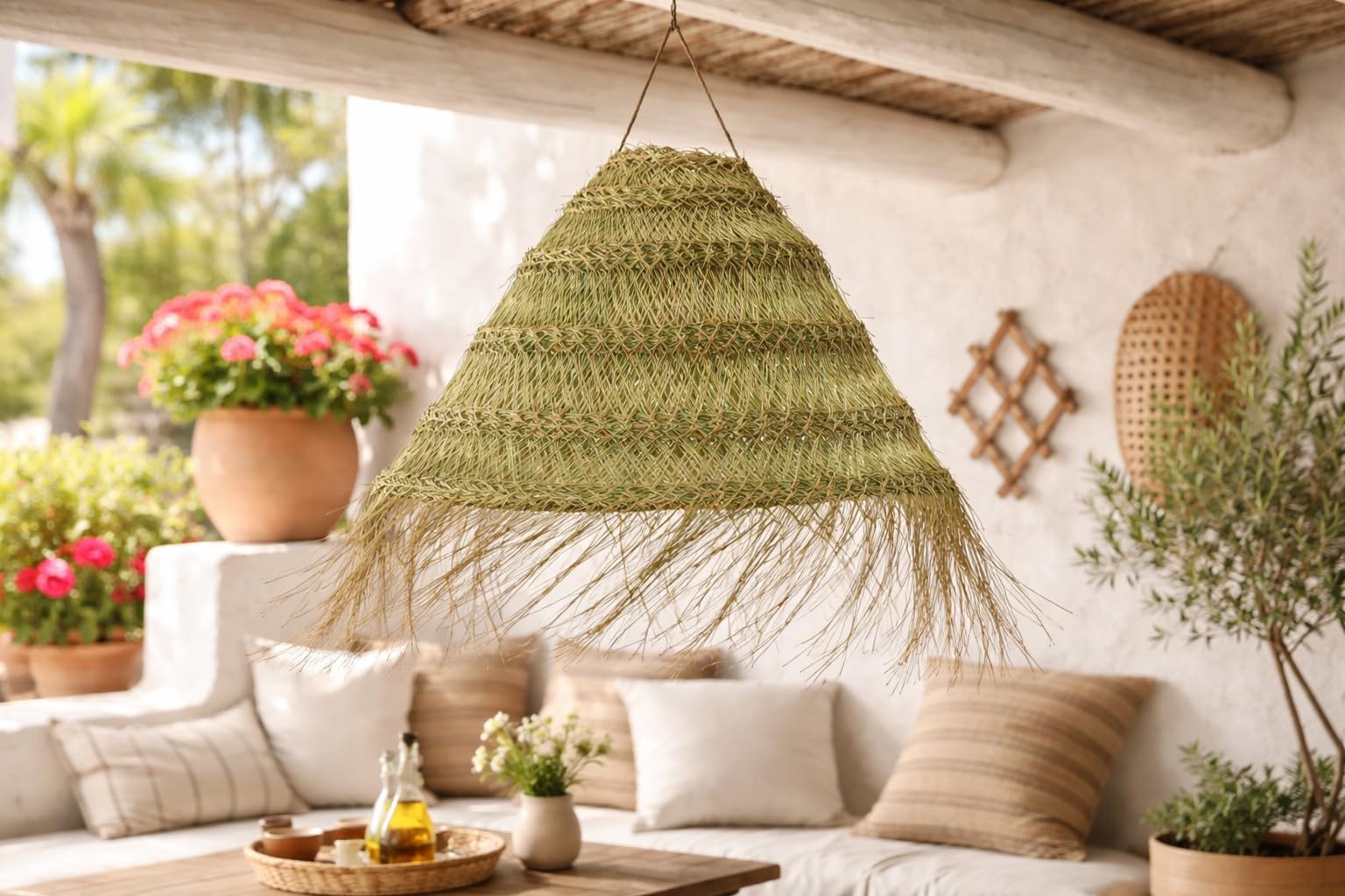 HERSIG - Tulipa Lampara Techo - Lampara de Techo de Esparto - Tulipas Lamparas - Lámpara Colgante Artesanal Estilo Rústico, Ideal para Decoración Boho en Salón, Comedor o Dormitorio - 30cm