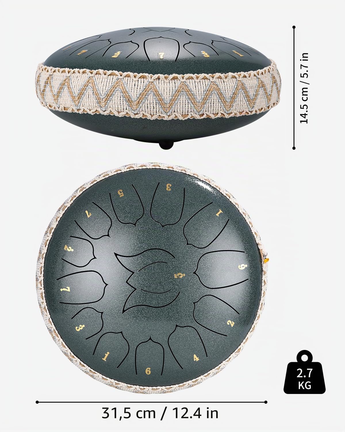 heuchaey Tambor de Lengua de Acero 12' 13 Notas,Tambor Handpan Instrumento de percusión de Acero Tambor de Mano con Bolsa de Transporte Mazas y Soporte de Mazo para Yoga,Meditación,Alivia el Estrés