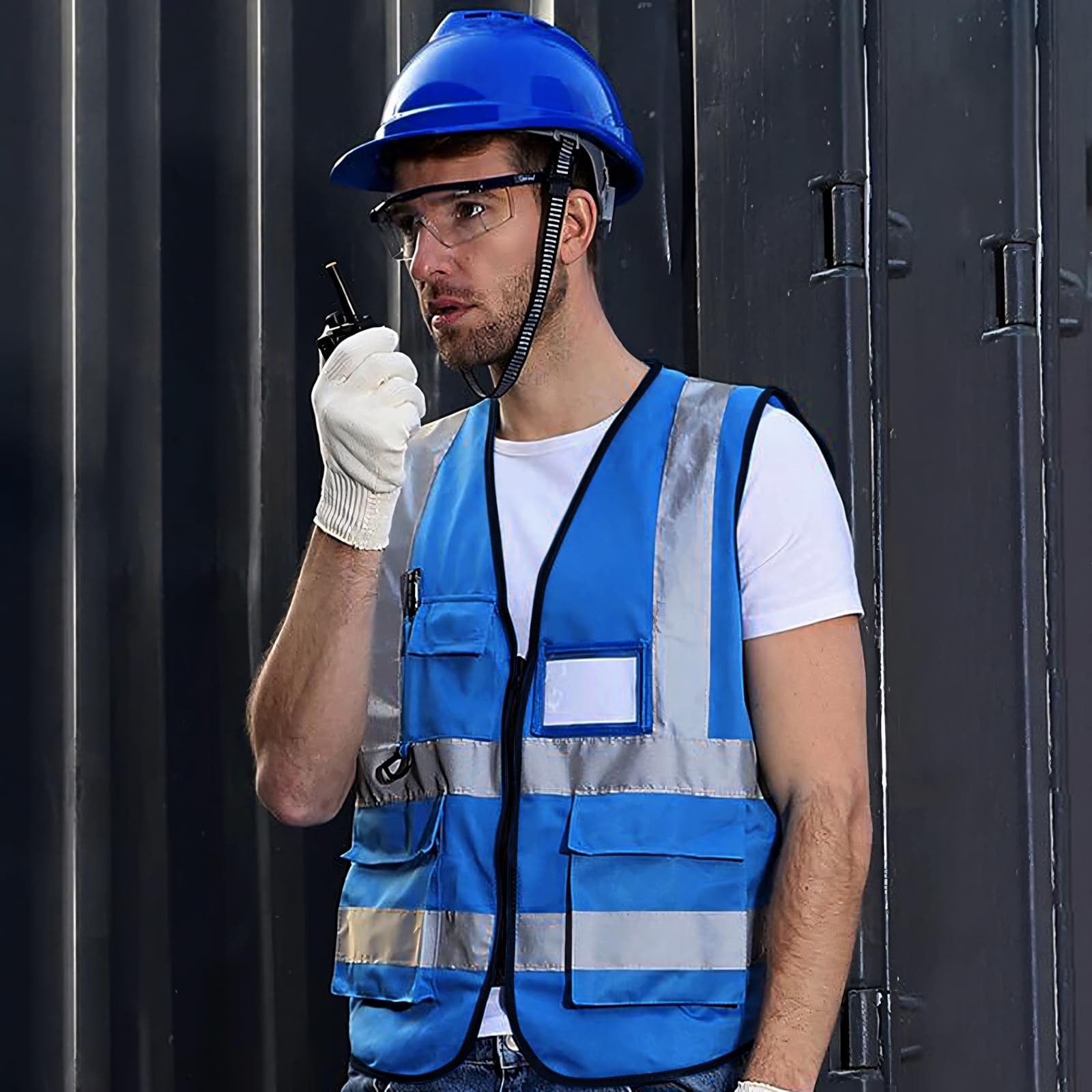 GOGO Warnweste Uniform Weste mit Reißverschluss Vorne mit Reflexstreifen Multi Pocket 10 Stück Blau XL