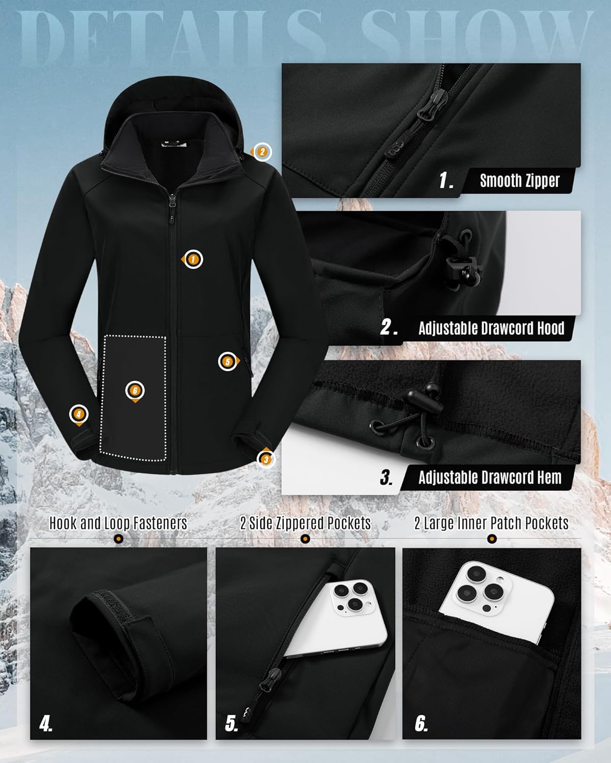 33,000ft Women's Waterproof Softshell Jacket with Removable Hood Lightweight Fleece Lined Warm Insulated Rain Windbreaker - Image 6