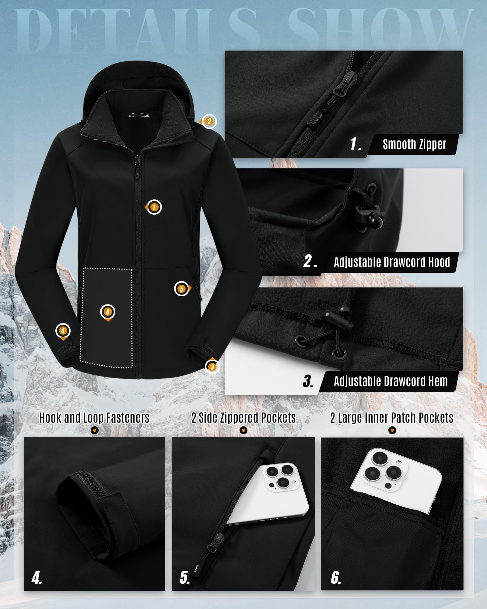 33,000ft Damen Softshelljacke mit Abnehmbarer Kapuze Wasserdichte Atmungsaktiv Fleece Gefütterte Winterjacke Winddichte Übergangsjacke Funktionsjacke zum Radfahren, Wandern