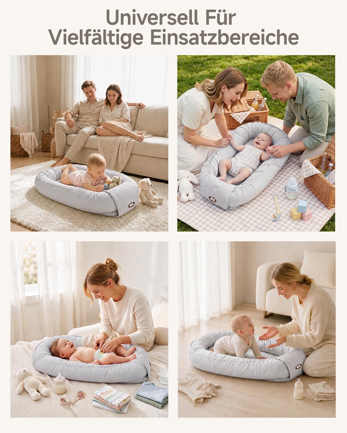 Babynest Neugeborene 95x56cm,Vollständig Abnehmbar Nestchen Baby,Waschbar Verstellbar Babynestchen Tragbar,Multifunktional Kuschelnest für Jungen und Mädchen,Grau