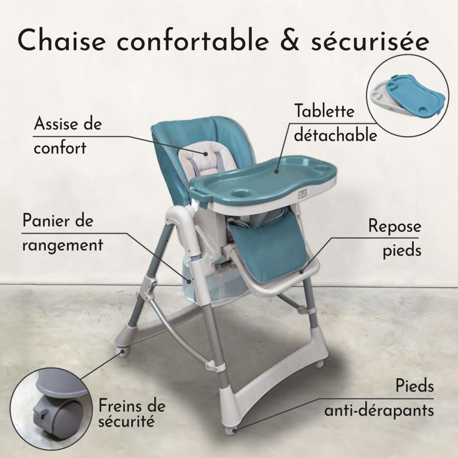 Labeled diagram of the high chair highlighting features like comfort seat, storage basket, detachable tray, footrest, safety brakes, and anti-slip feet.