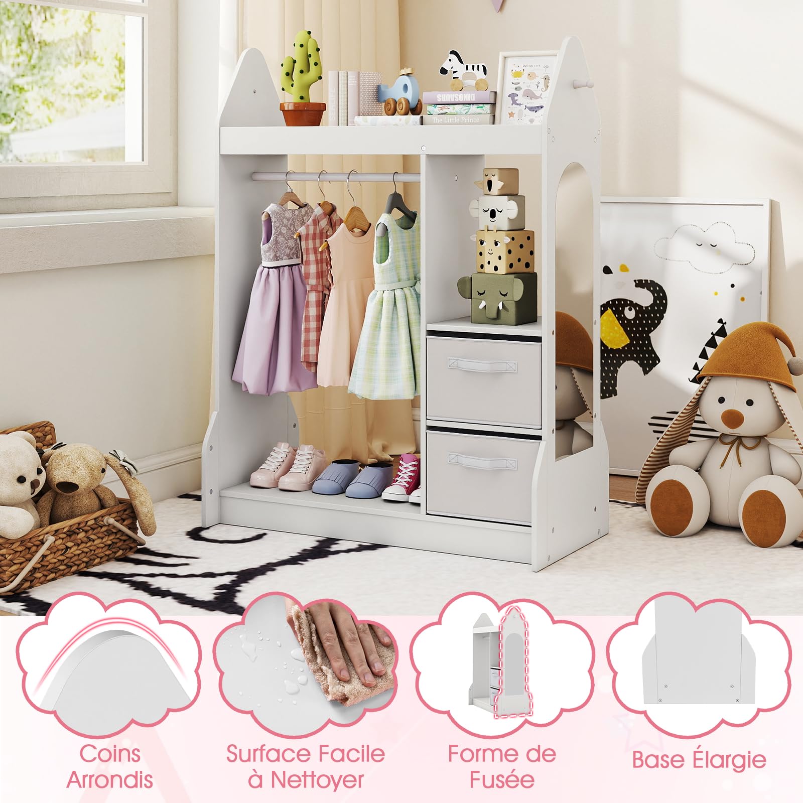 COSTWAY Portant à Vêtements Enfant avec Miroir en Acrylique & Cintre en Bois, Penderie Enfant avec 3 Étagères Ouvertes & 2 Bacs en Tissu, Garde-Robe pour Chambre d'enfant, 81x75x107 cm (Blanc)