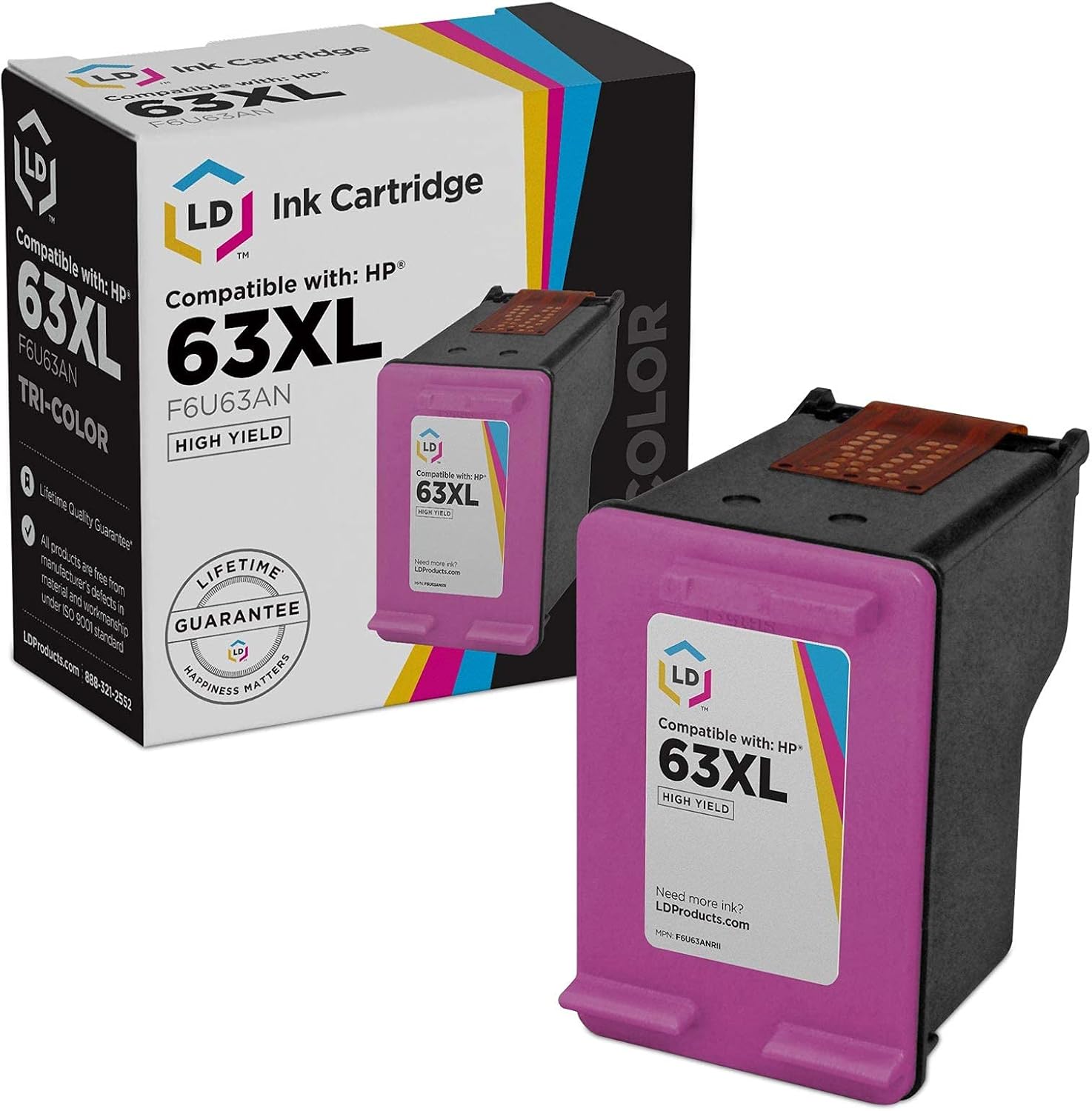 LD Products Remanufactured Cartridge Replacement for HP Ink 63XL F6U63AN High Yield (Color) for use in Printer Ink 1110, 1111, 1112, 2130, 2131, 2132, 2133, 2134, 2136, 3630, 3631, 4522, and 4528