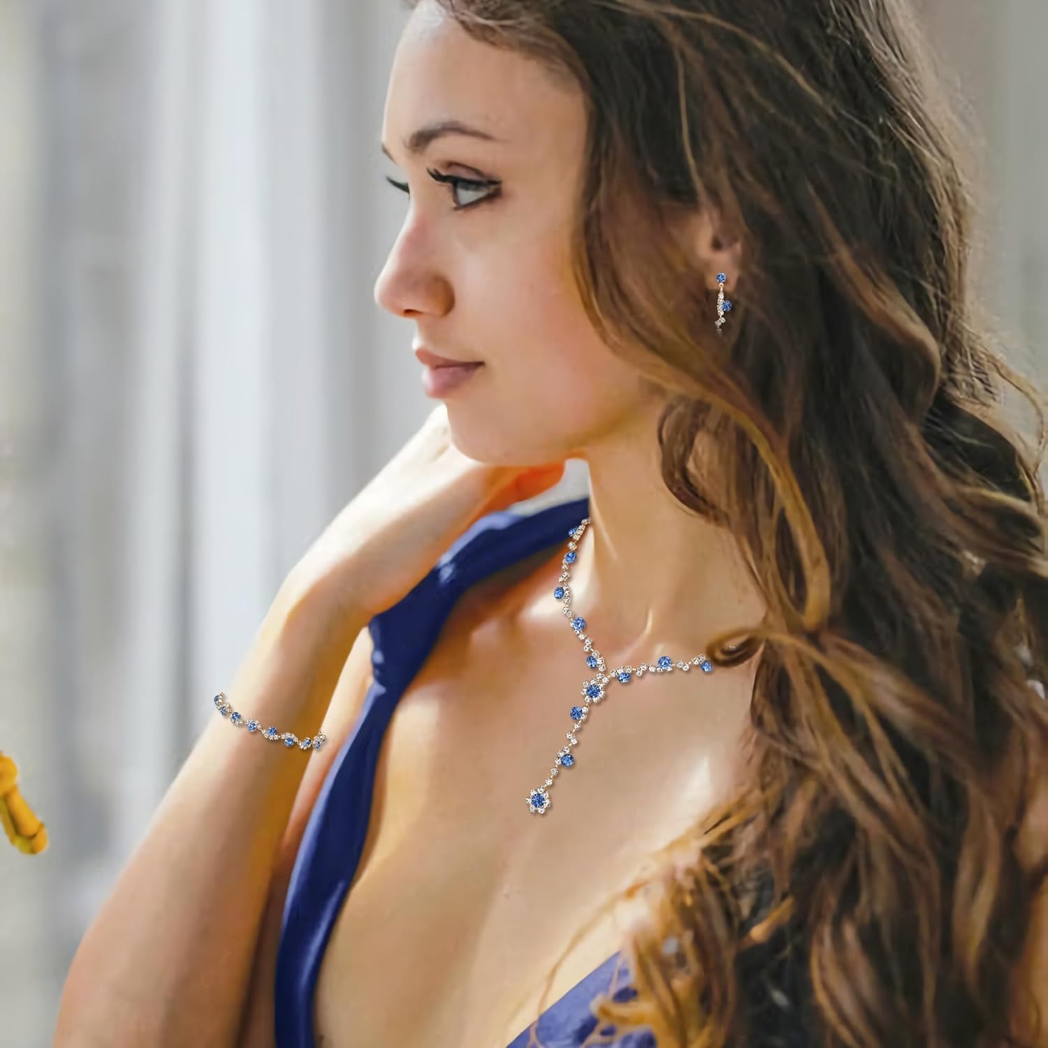 Crysdue Rhinestone Wedding Jewelry Set for Women Brides Bridesmaid, Sparkle Crystal Earrings Statement Necklace Bracelet Set for Party Prom - Image 3