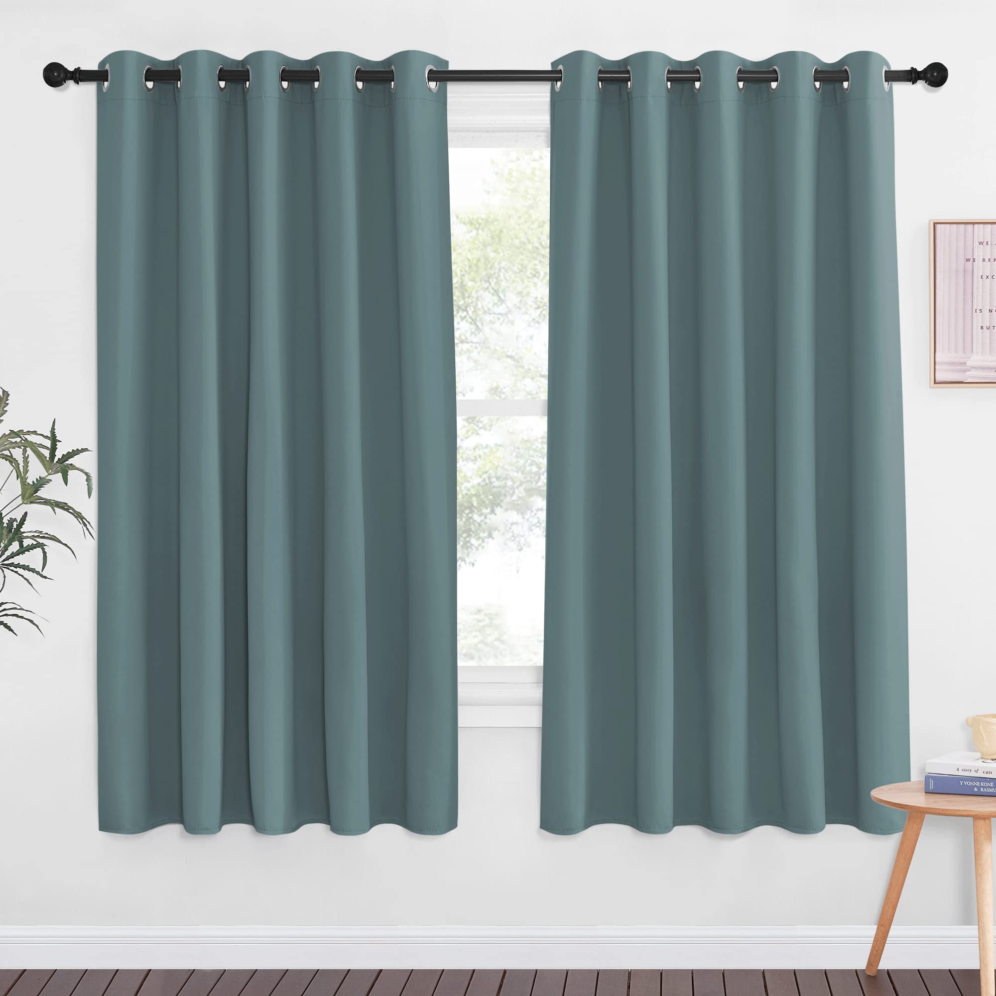 NICETOWN Blackout Curtains 66 inches Long, Grommet Window Treatment Thermal Insulated Solid Blackout Curtains/Panels/Drapes for Bedroom, Greyish Blue,