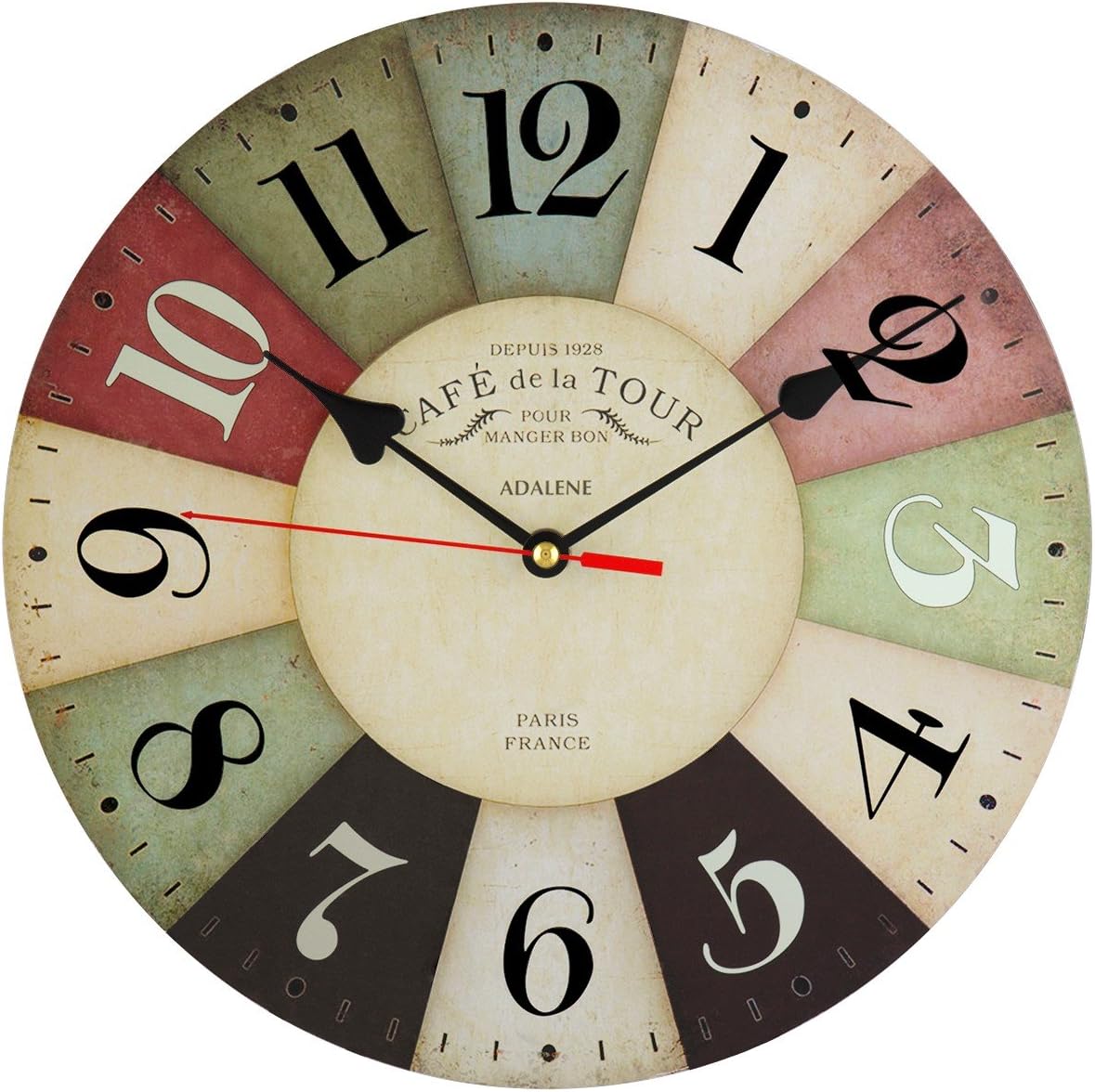 Adalene Wall Clocks Battery Operated Non Ticking 12 inch Vintage Colorful Wood Wall Clock Silent - Analog Quartz Large Decorative Wooden Retro Kitchen Clock - for Kids Bedrooms, Living Room, Bathroom
