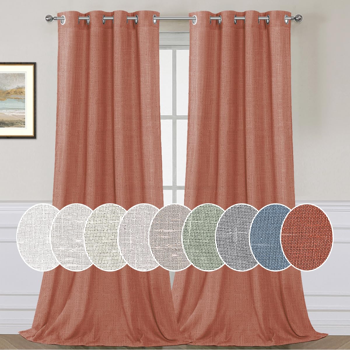 living room linen curtains home decorative nickel grommet curtains privacy added energy saving light filtering window treatments draperies for bedroom, terracotta, 2 panels, 52 x 84 - inch