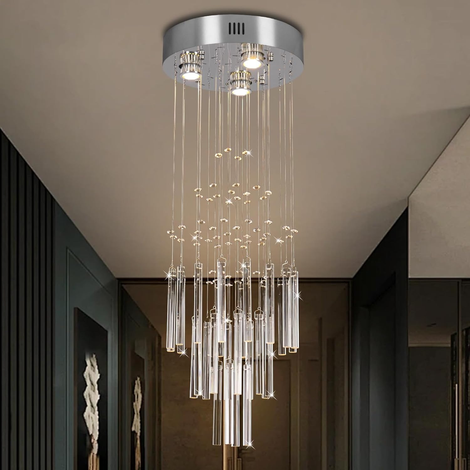 FRIXCHUR 11.8" Modern Crystal Chandelier 33.5" High Ceiling Chandeliers Small Bathroom Chandelier for Entryway Hallway Foyer Staircase