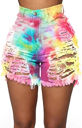 Romastory Womens High Waisted Jean Shorts Ripped Tie-dye Stretchy Denim Shorts for Women