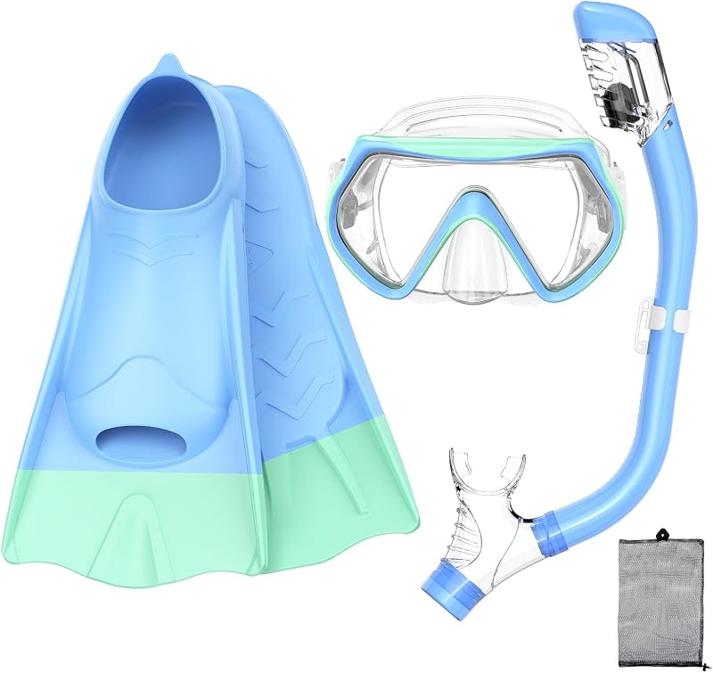 Set de snorkel para niños con máscara, snorkel y aletas, máscara de buceo panorámica antivaho, snorkel con tapa seca, equipo de natación de silicona a prueba de fugas para natación y exploración submarina