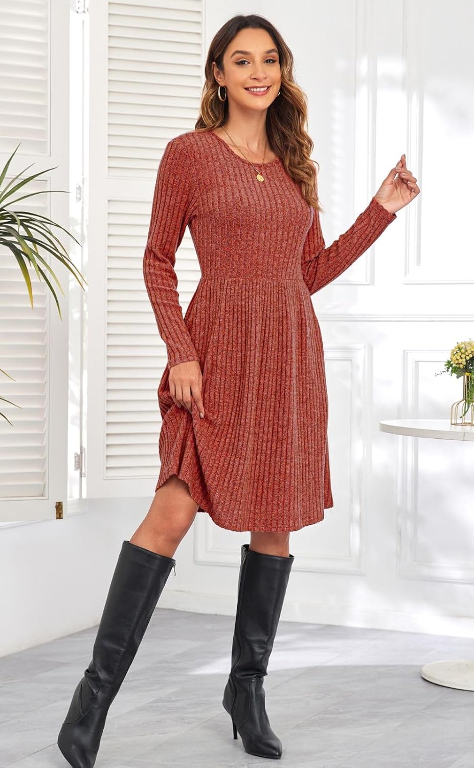 Women's Knit Textured Sweater Dresses Long Sleeve Loose Casual Pleated Fall Dress with Pockets,Caramel, 2XL - Image 3