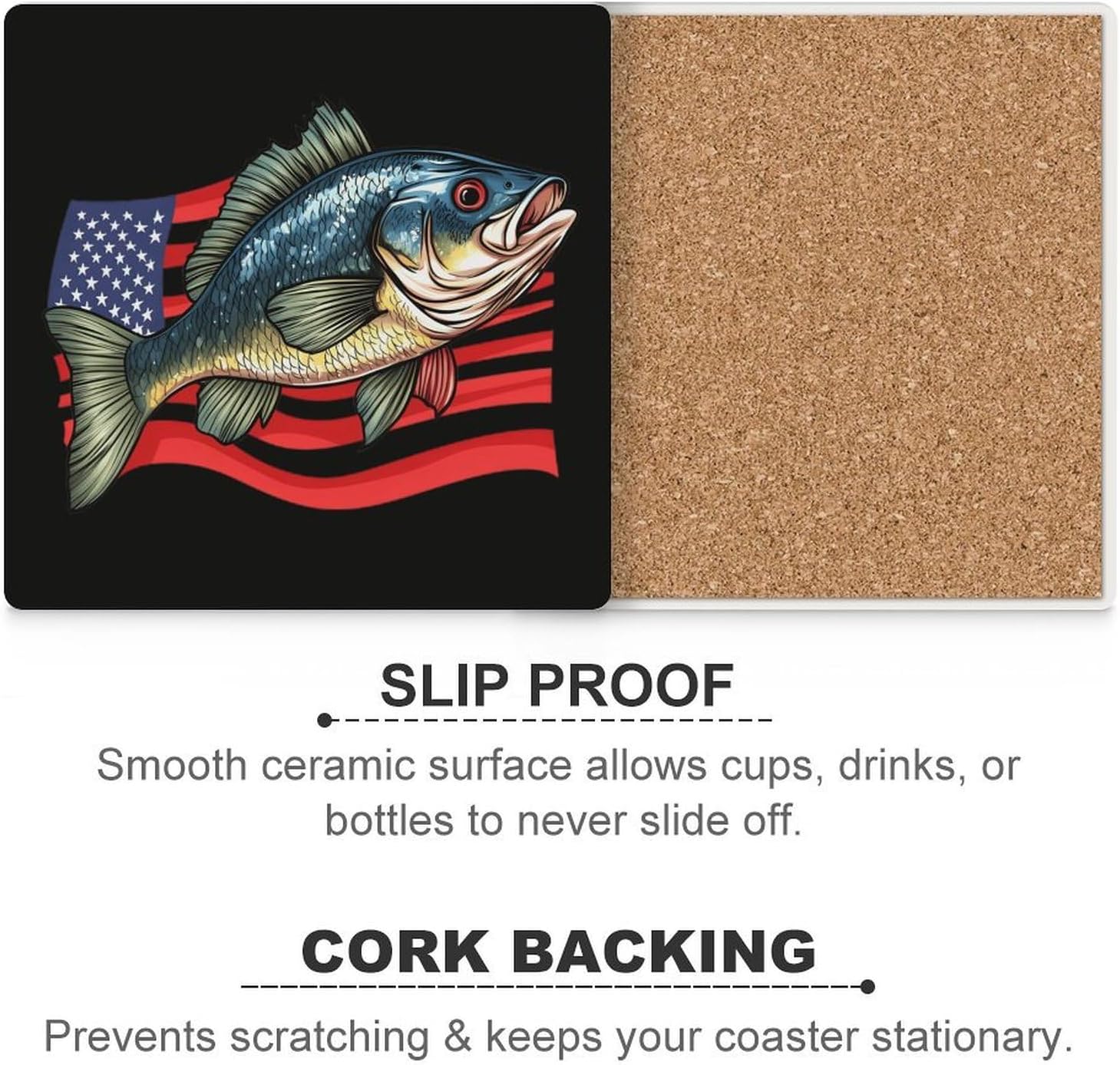 Bass Fish U.S.A. Flag Funny Ceramic Coasters for Drinks Absorbent Cup Holder Tabletop Protector with Cork Base