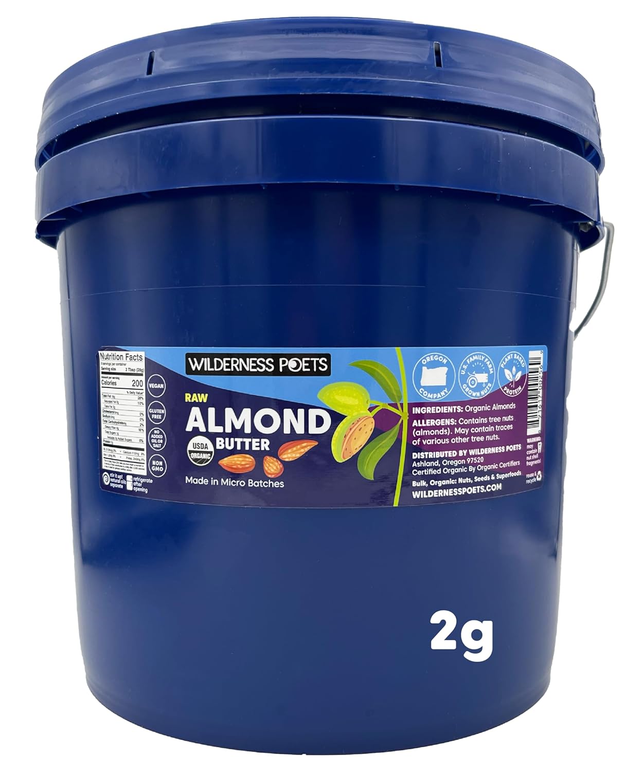 Wilderness Poets, Organic Almond Butter (17 Pound - 2 Gallon) - Raw, Unsweetened, Salt-Free, Vegan Nut Butter