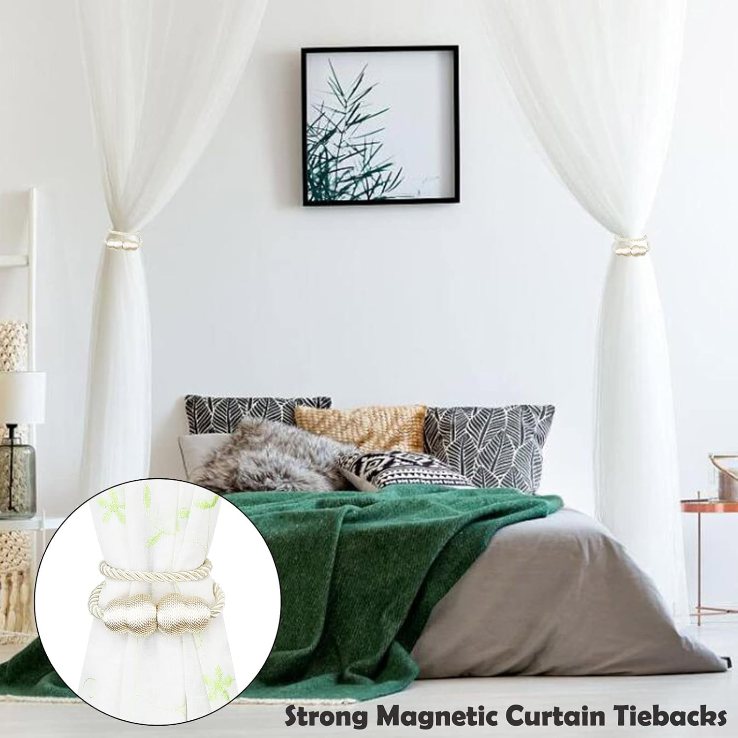 Magnetic Curtain Tiebacks 2 Pack Rope Decorative Curtain Tie Backs Elegant Curtain Holders for Drapes Outdoor Window Treatment Holdbacks, Beige