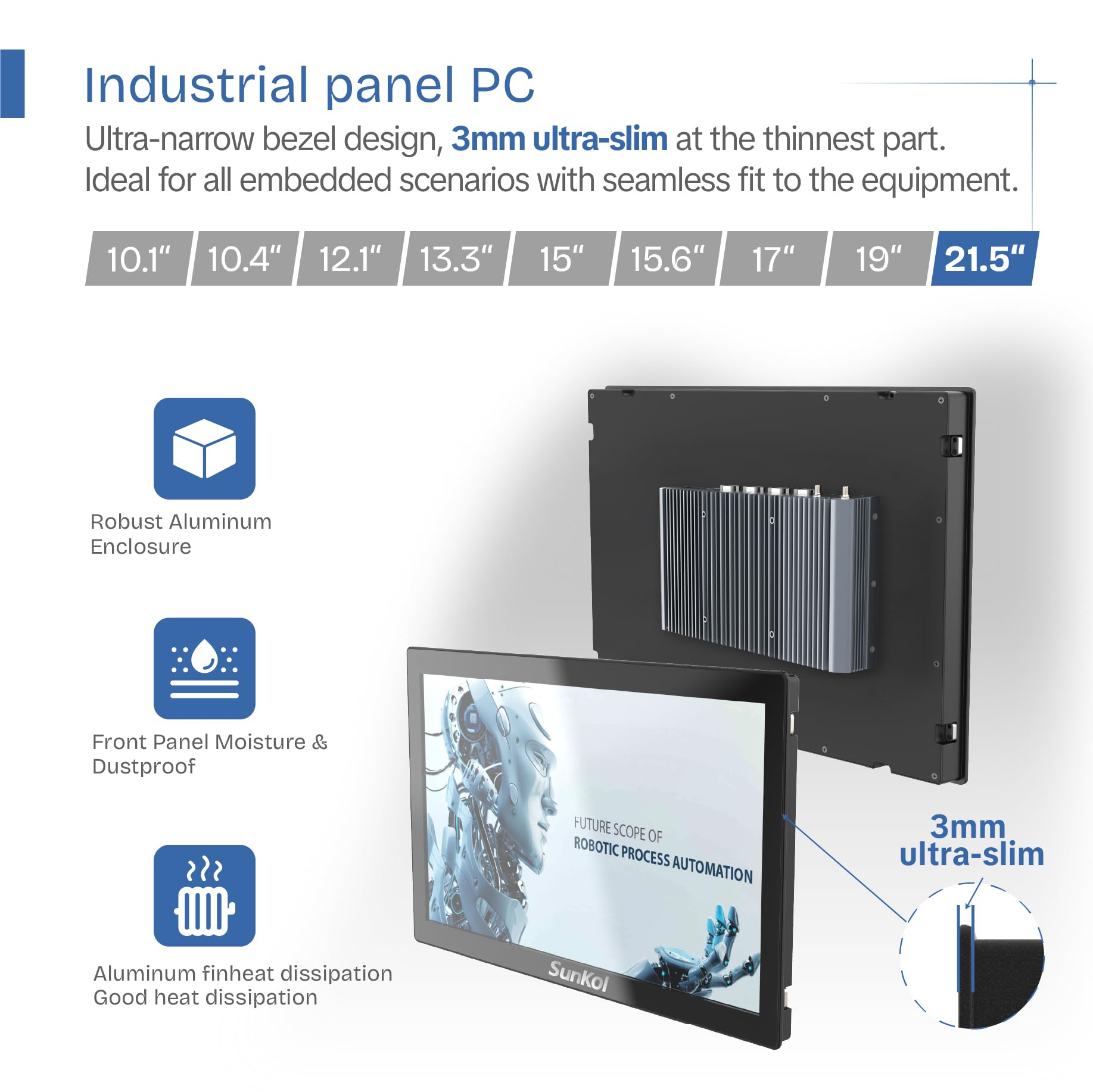21,5-calowy wąski panel przemysłowy PC, wbudowany ekran dotykowy bez wentylatora, I7-10710U, 8 GB DDR4 RAM, 512 GB SSD, IP65 z przodu, Windows 11 Pro, uchwyt VESA do magazynu, logistyki