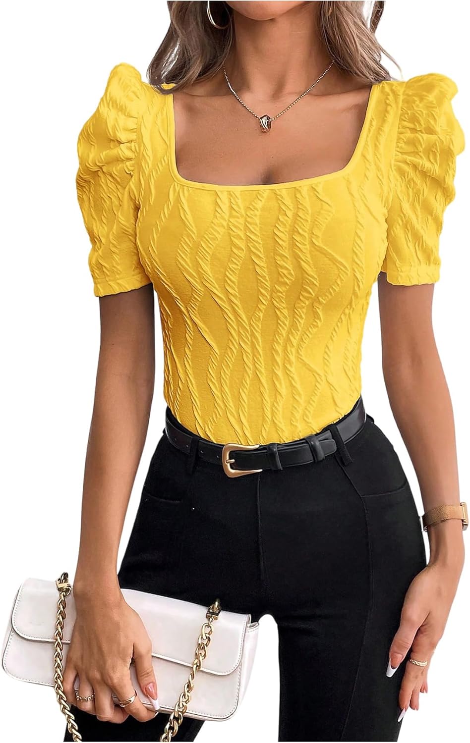 GORGLITTER Women's Puff Short Sleeve Square Neck Top Textured Knitted T Shirt Going Out Tops