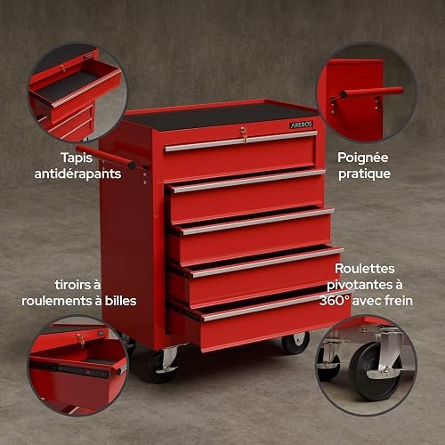 Arebos Workshop trolley 5 compartments | Tool Cabinet on Wheels | with 5 Drawers | Lockable| incl. anti-slip mats | 2 castors with parking brake (red) - 6