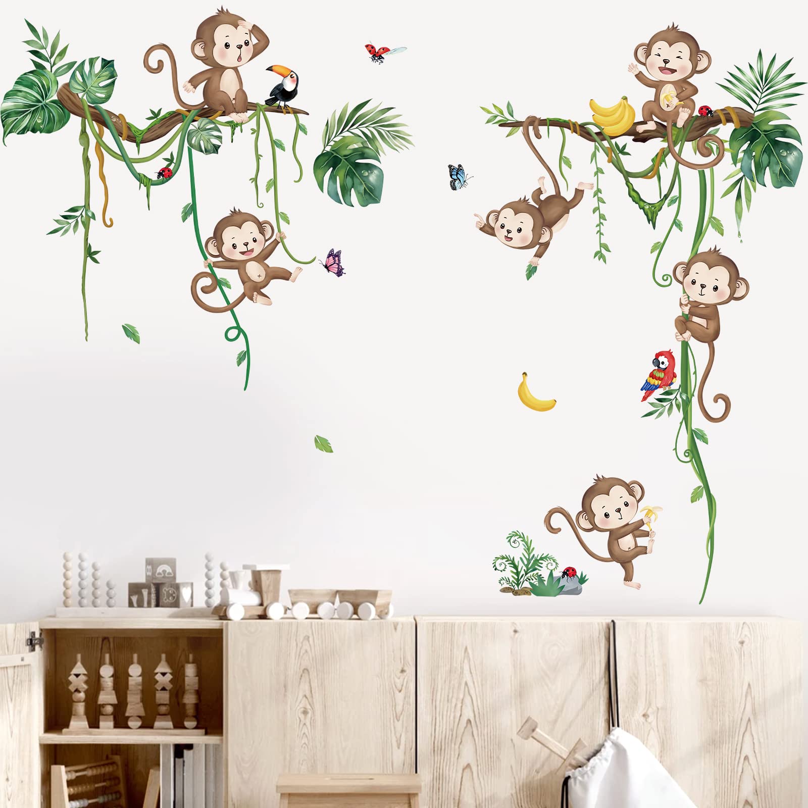 decalmile Pegatinas de Pared Animales de la Jungla Mono Vinilos Decorativos Mono Vid Hojas Rama de árbol Adhesivos Pared Habitación Infantiles Niños Bebés Guardería