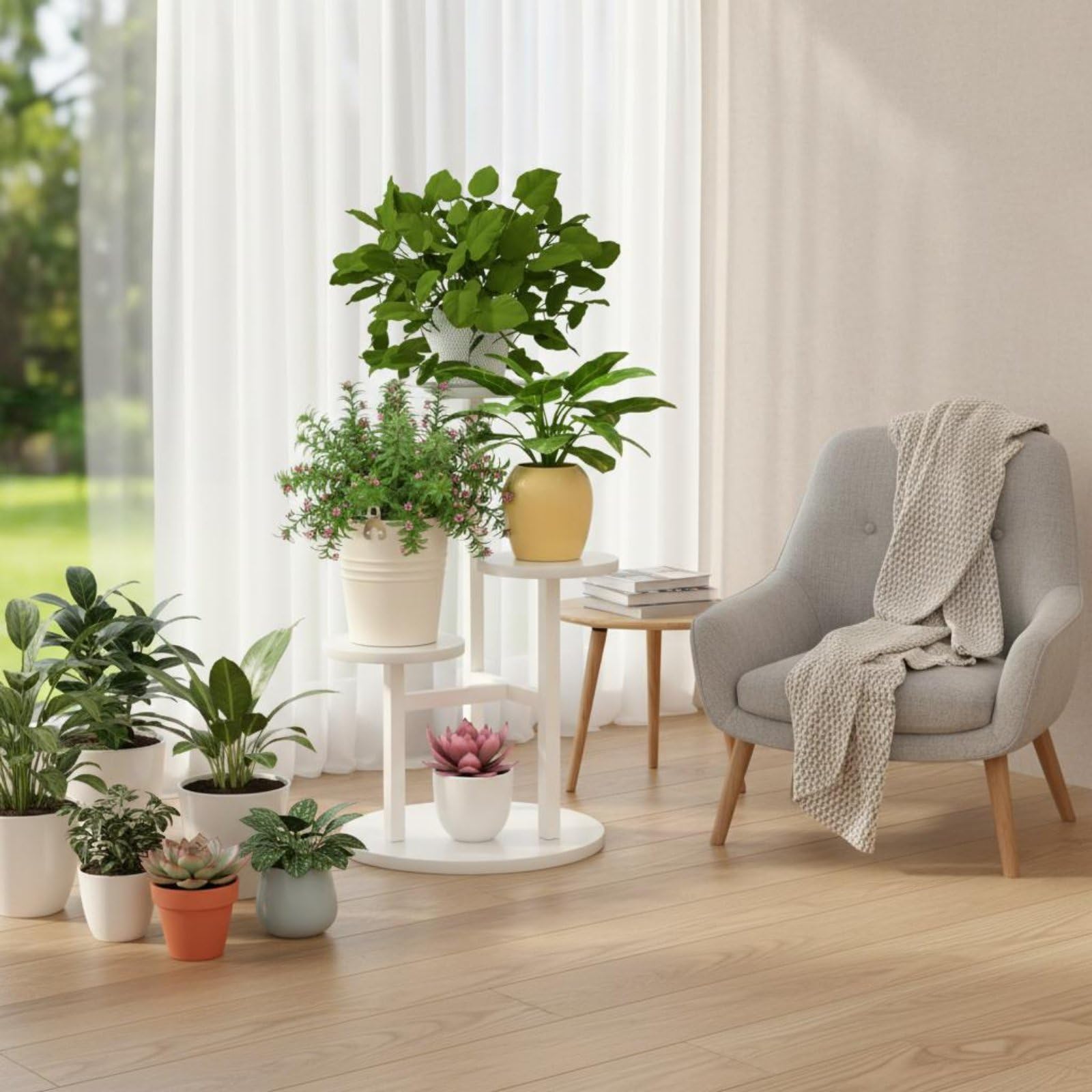 Estantería de Exhibición Soporte para Plantas Macetero Mueble Organizador de 4 Niveles Que Espacio Vertical y Aireación Adecuada para Salón Terraza , Nogal Claro+Blanco