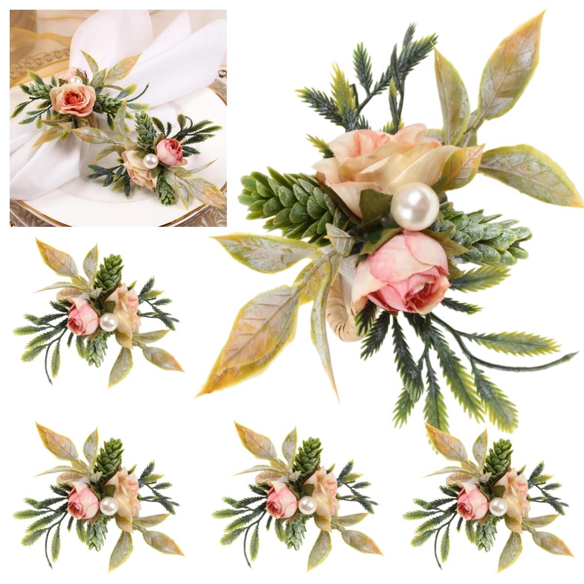Rond De Serviette Lot de 30 Ronds De Serviette Double Rose Pomme De Pin Couleur Claire pour Mariage Hôtel Fête Anniversaire Dîner en Famille