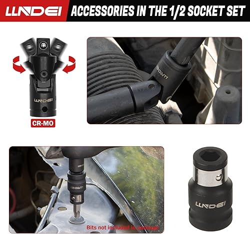 Miniatura 7 de LLNDEI Juego de llaves de impacto profundas de 1/2 pulgada, 37 piezas estándar SAE 3/8" a 1-1/4" métrico 8 a 24mm, incluye llave de bujía