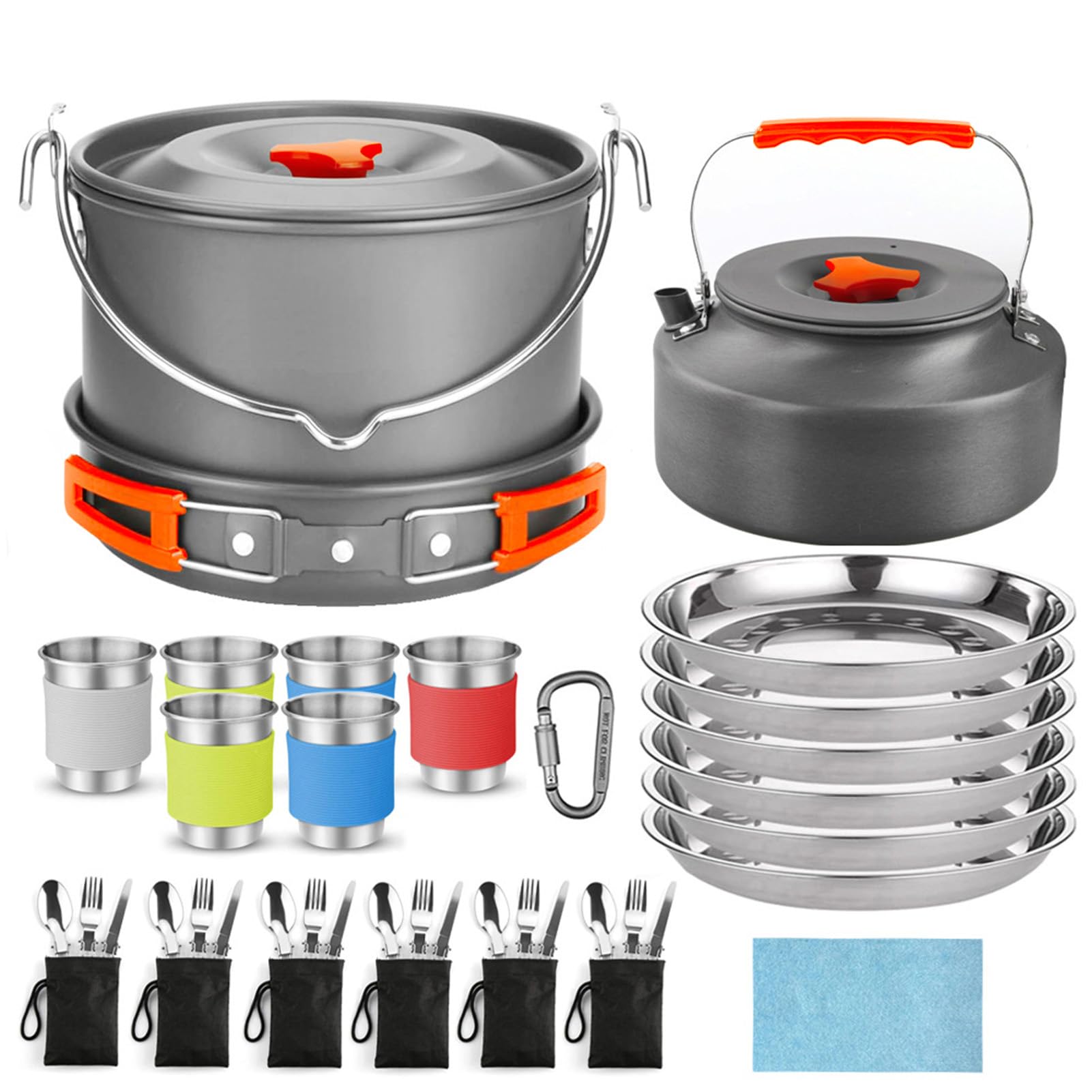 Asixxsix 48pcs Camping Kochgeschirr Set, Tragbare klappbare Nichtkleber Camping Ausrüstung mit Edelstahl Tassen Platten Gabeln Messer Löffel, für Outdoor Backpacking Wandern Picknick