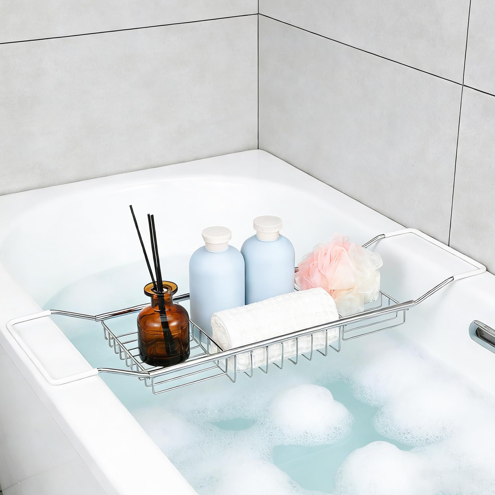 Cabilock Estante de baño Ajustable, Bandeja de baño de Acero Inoxidable 304, Organizador de baño multifunción con Estante de Lectura Ajustable, para Tableta o teléfono Celular