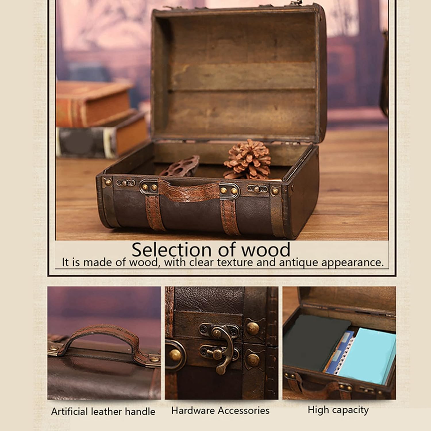 LiebeWH Vintage Wooden Storage Chest Retro Suitcase Decorative Trunk for Home Decor Photography Props Travel Storage with Portable Handle
