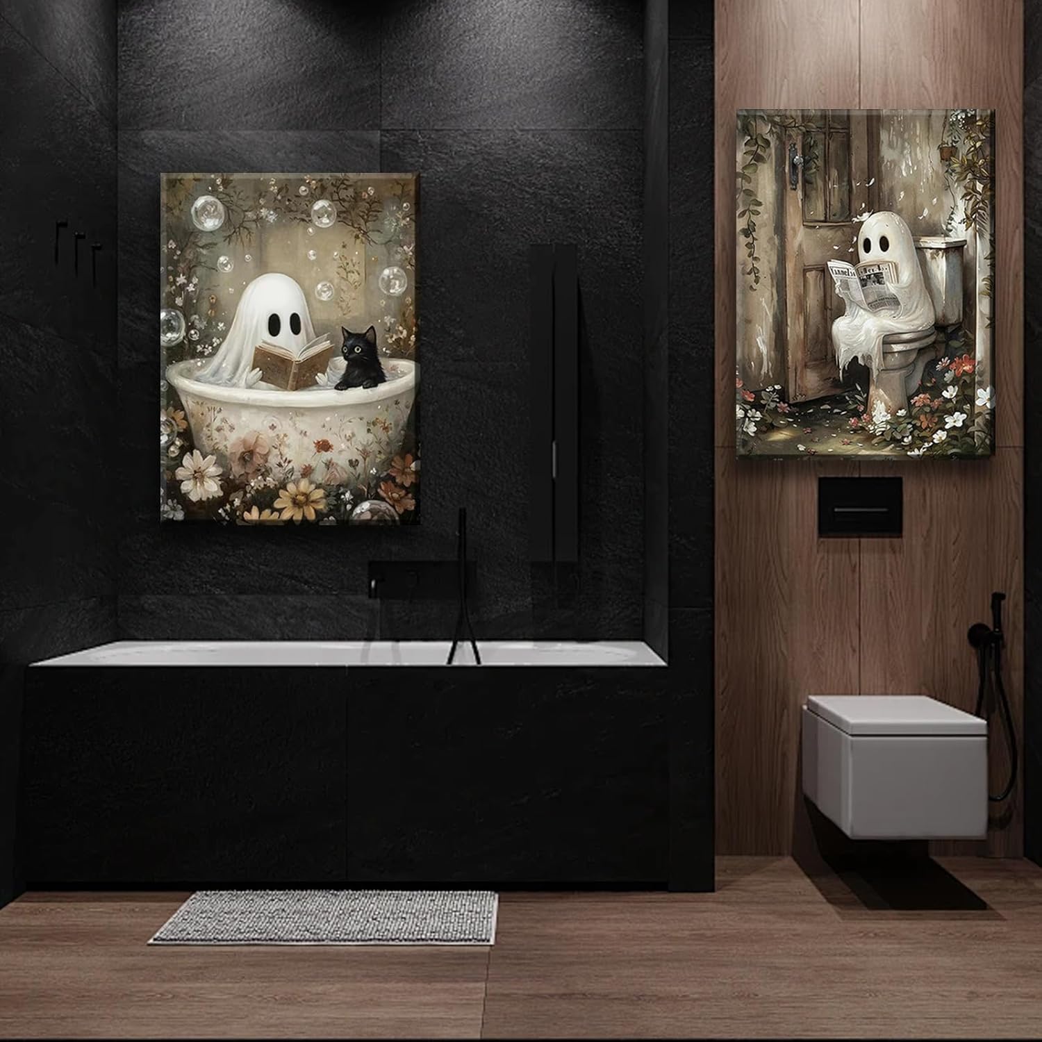 Framed Ghost Canvas Wall Art Set of 2 Cute Ghost Cat Reading in Bathtub Painting Rustic Whimsical Halloween Poster Picture Prints Décor for Bedroom Bathroom Restroom Spa 16x24 Inch