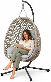 Koll Living Luxus Hängesessel Luna | Rattanoptik Beige/Grau | Wetterfester Gartensessel | bis 150KG belastbar & Premium Komfortkissen | UV-beständig & wasserabweisend | 95 x 103 x 197 cm