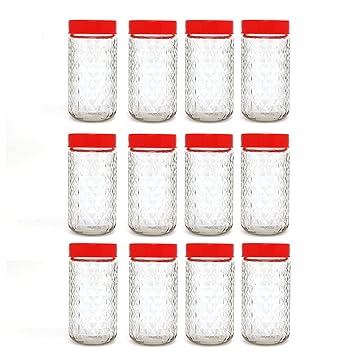 LDG WARE Crystal Clear Glass Jar With Wide Mouth For Storing Liquid Items Dry fruit Spices Herbs Jam Jelly At Home Kitchen office Restaurant (RED CAP DIAMOND JAR 400ML-12)