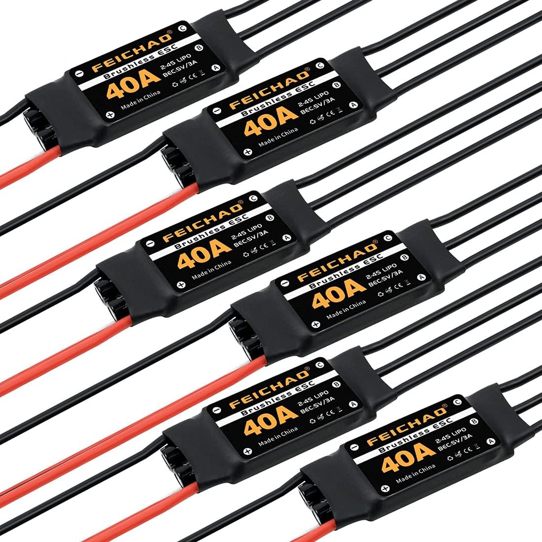FEICHAO 40A Brushless ESC 2-4S Speed Controller with 5V 3A BEC for Fixed Wing DIY RC Multi-axis Aircraft Drone Helicopter (6Piece, Long Cable)