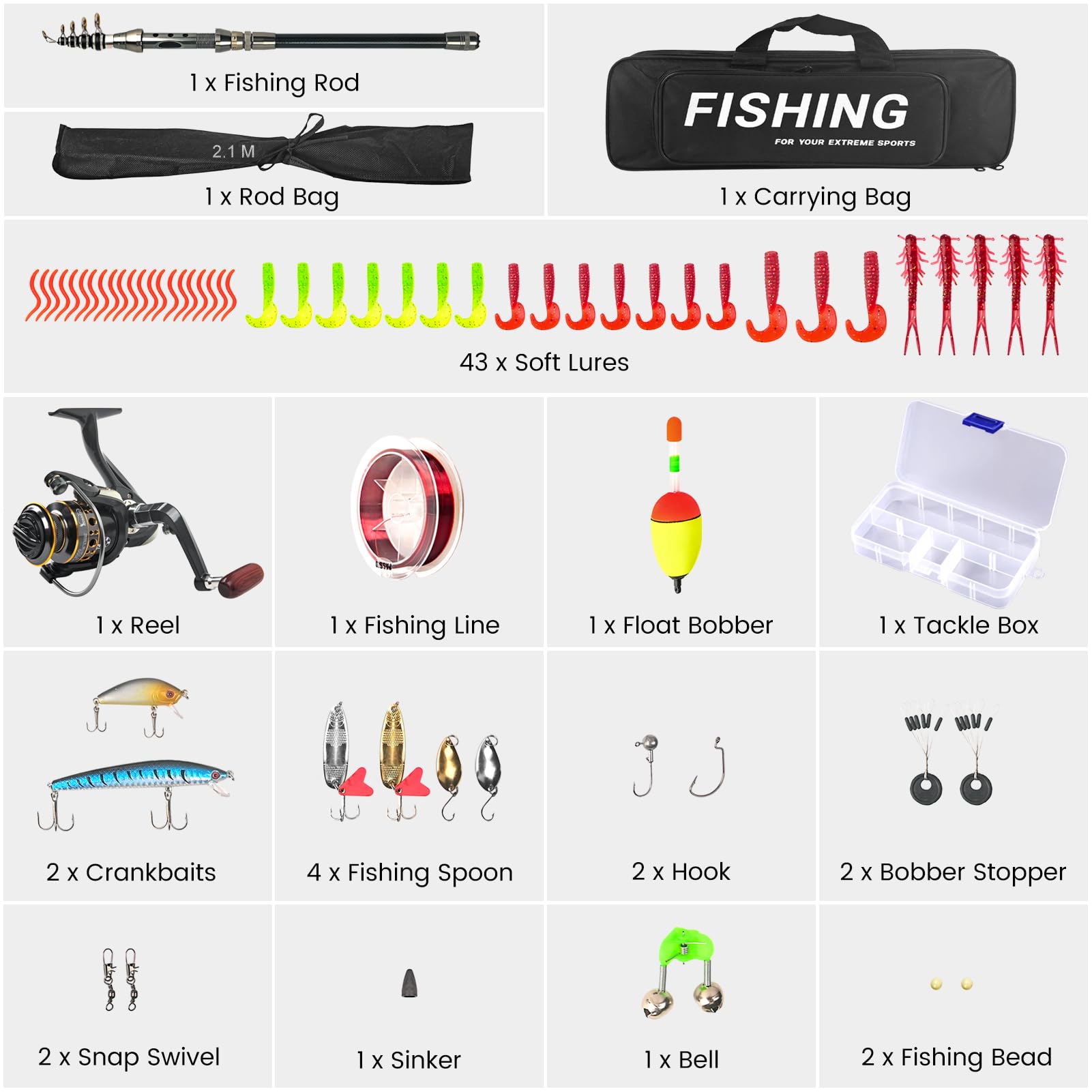 Angelrute Set Komplett, Teleskop Angelrute Spinnrute mit Angeln Rute Rolle Kombi Angelköder-Zubehör Tragetasche Fishing Rod Anfänger für Salzwasser-Süßwasser