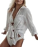 Zoye Chen Women’s Bikini Swimsuit Cover Up Button Down V Neck Shirts Long Sleeve Blouse Beachwear Bathing Suit Medium White