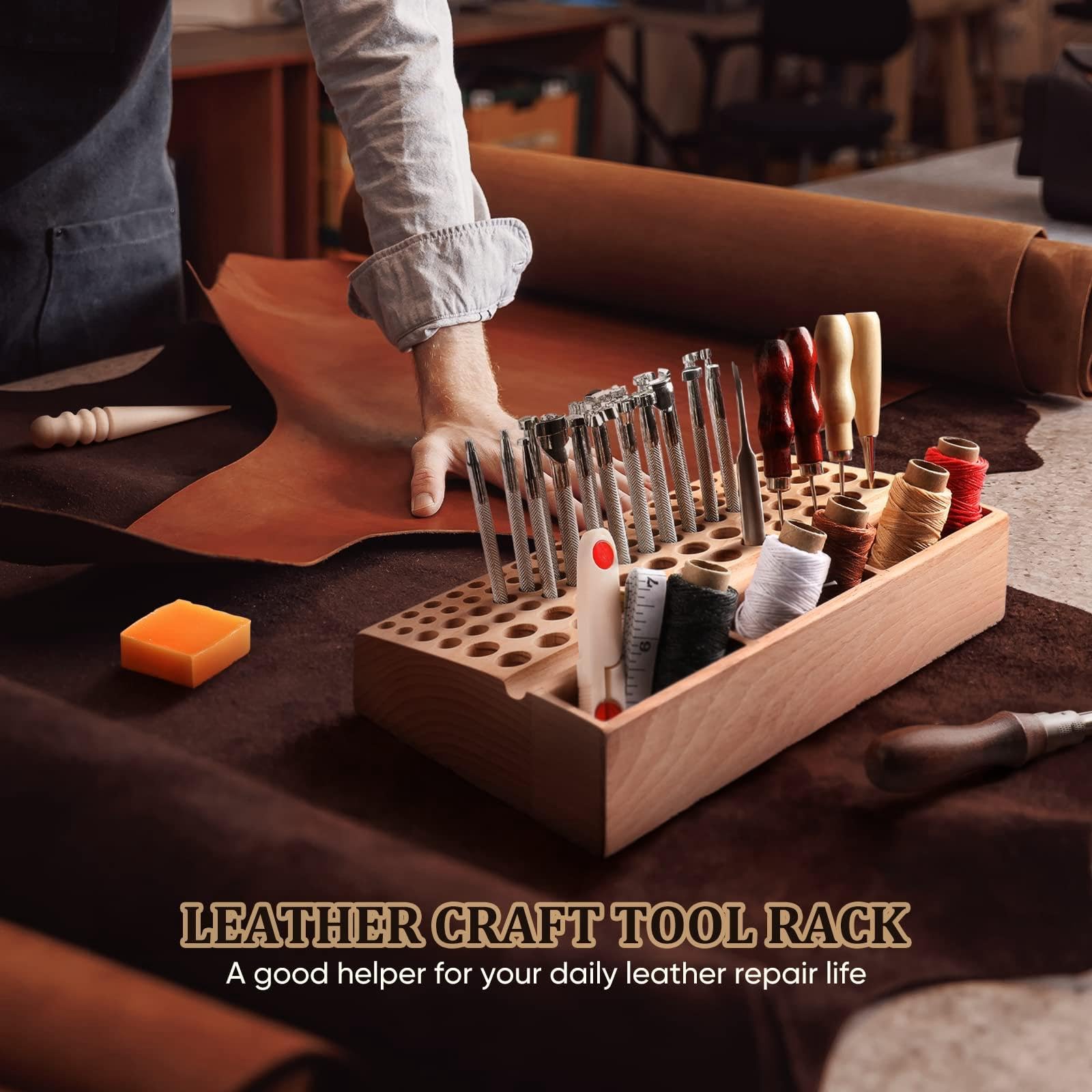 Harilla Organiseur d'outils en bois et cuir avec structure à fentes, idéal pour un usage professionnel à domicile. Support de rangement pour outils de, 98 Trous