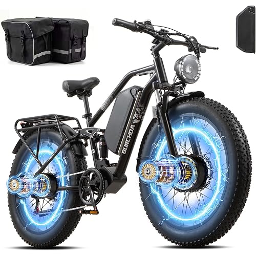 Dual Battery Electric Bike for Adults Dual Motor AWD 5000W/3000W Peak 40MPH/32MPH Ebike, Up to 180 Miles Long Range with 48V/52V 60Ah Removable Battery, 26"x4" Full Suspension All Terrain Fat Tire