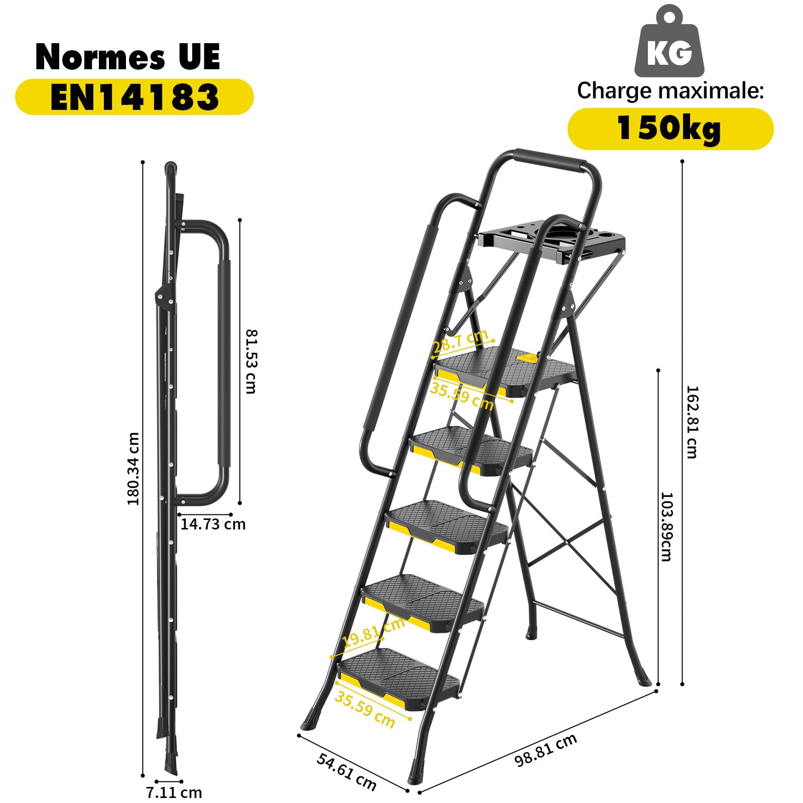 KINGRACK Escabeau 5 Marches avec Plateau à Outils et Large Pédale Antidérapante, Marche Pied Pliable avec Mains Courantes, Échelle Domestique pour Maison Cuisine Garde-Manger Placards et Bureau, Noir