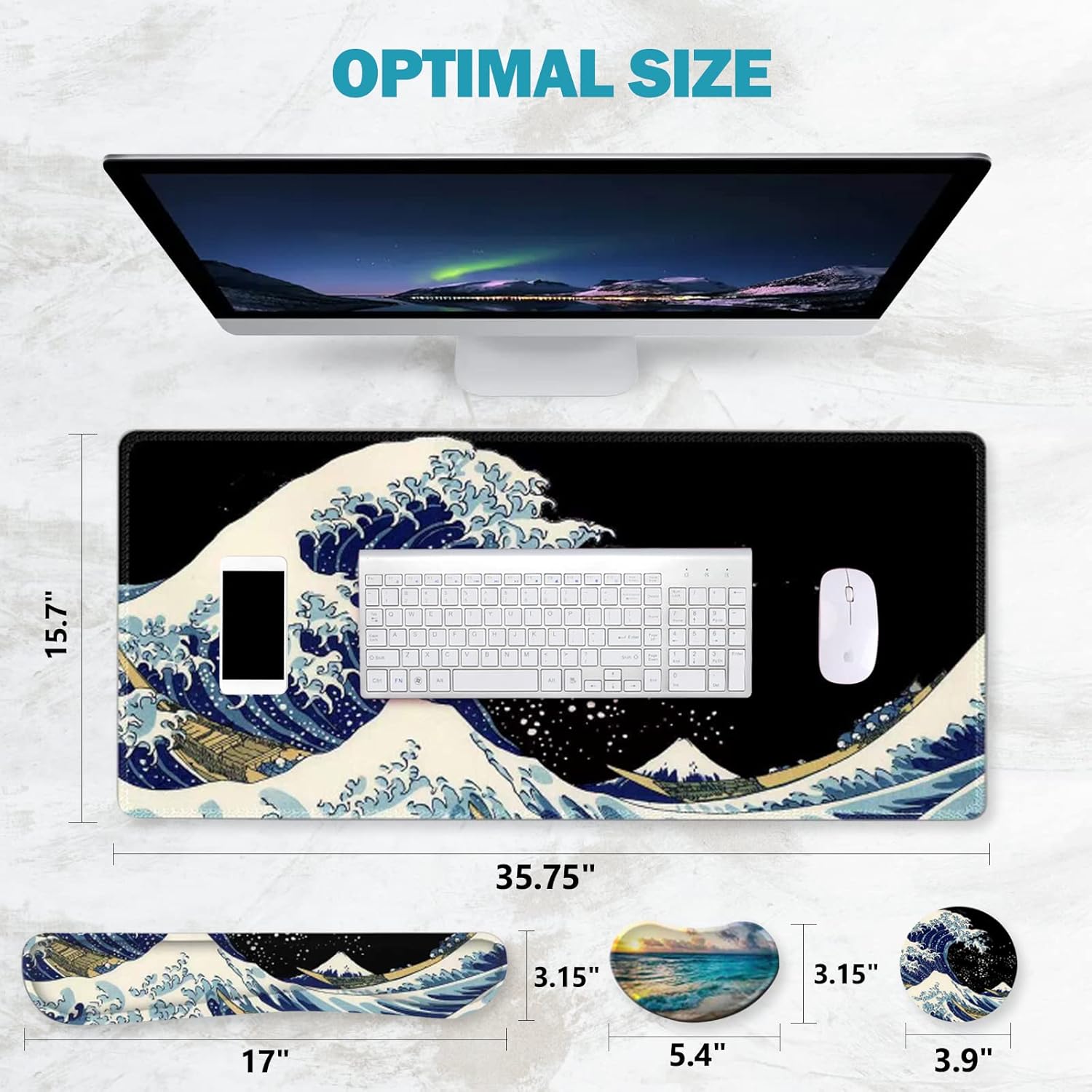 ToLuLu Extended Gaming Mouse Pad, Memory Foam Ergonomic Keyboard Mouse Wrist Rest Support Set, Large Desk Mat with Stitched Edges, Non-Slip Base Mousepad for Home Office Game Study, Wave of Kanagawa