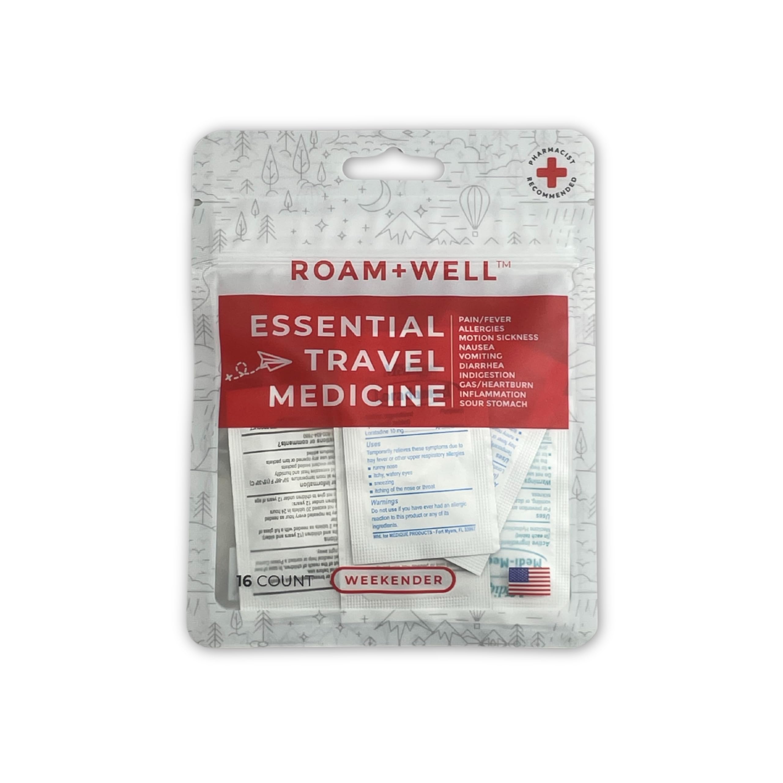Essential Travel Medicine Kit, OTC Travel Medication, TSA Approved (Weekender | 16 Tablets)