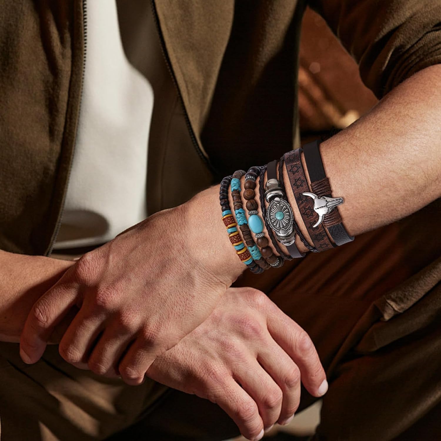 Valentines Day Gifts for Him 6pcs Western Cowboy Leather Bracelet for Men Stackable Beaded Bracelets Charm Boho Bracelet Wristband Cowboy Accessories Jewelry Gift - Image 5