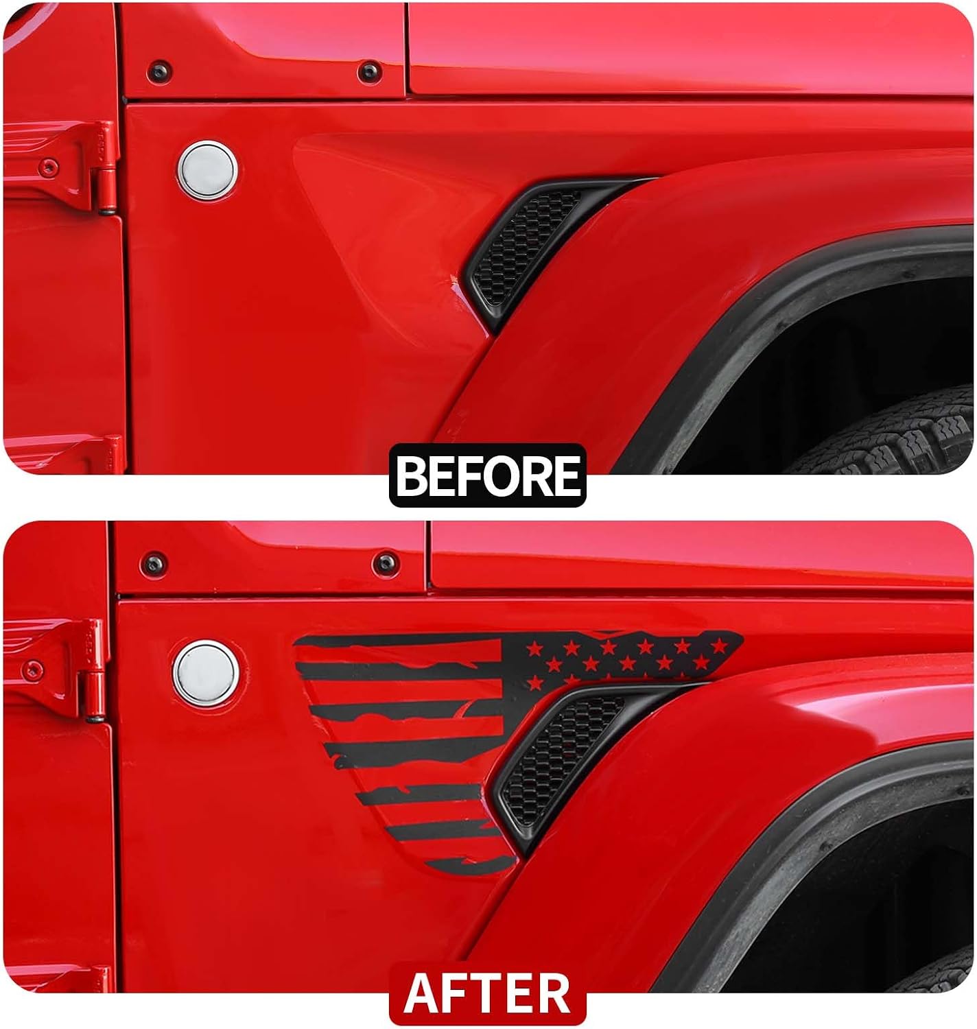 JeCar Side Fender Vent American Flag Vinyl Decals Distressed USA Flag Stickers Fit for Jeep Wrangler 2018-2025 JL JLU & 2020-2025 Gladiator JT, 1 Pair