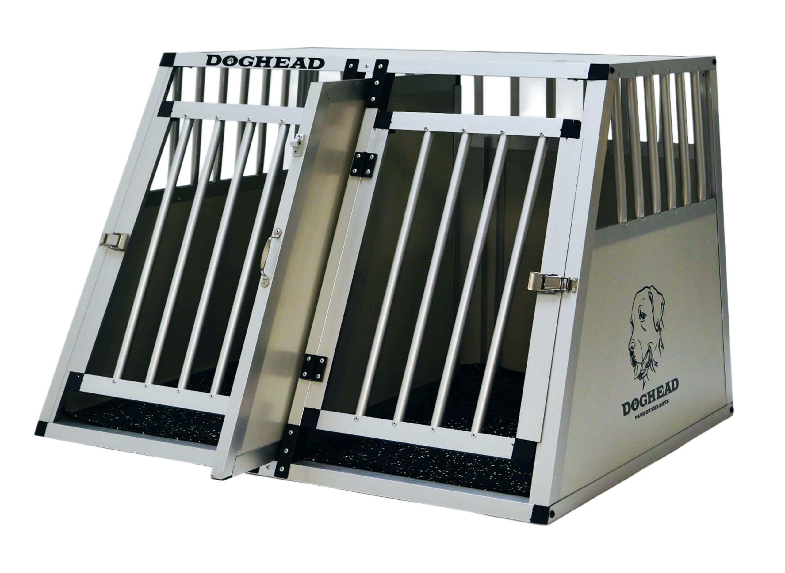 DOGHEAD Hundetransportbox Comfort, Double 95x75x63 cm EG, Schwarz, Aluminium, Vorne 65°Grad Winkel abgeschrägt, hintenn 90° Grad (gerade), Trennwand mit Griff, für kleine Kombis geeignet